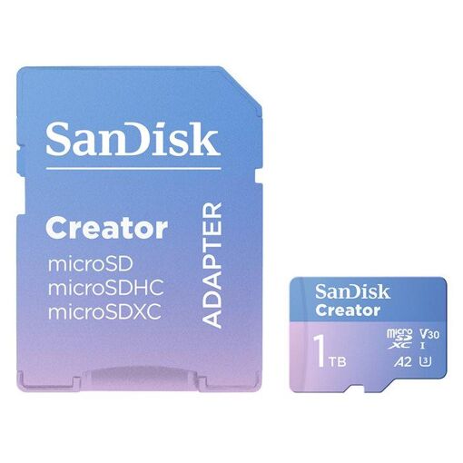 SanDisk Creator 1TB Flash Memory Card (Includes microSDXC to SD Adapter) - A2 / Video Class V30 / UHS-I U3 - microSDXC UHS-I