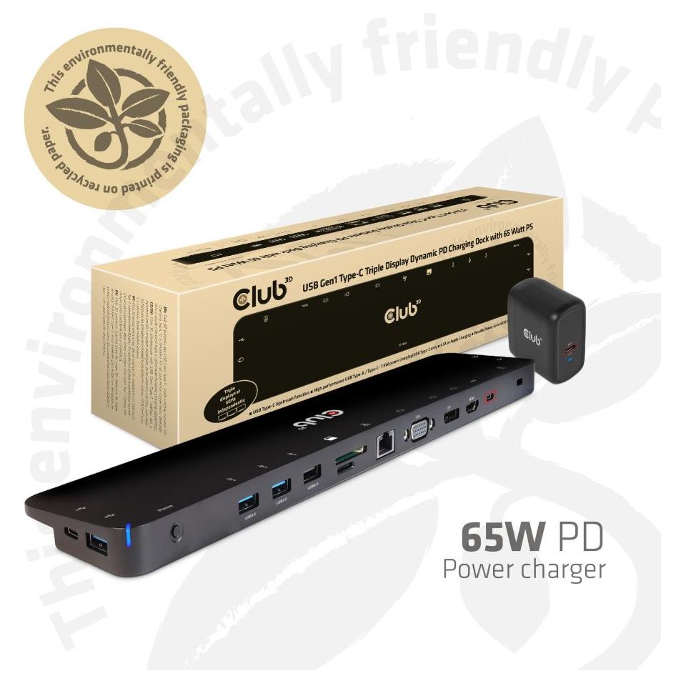 Estación de acoplamiento Club 3D CSV-1564W65 USB 3.2 Gen 1 (3.1 Gen 1) Tipo C, Negro