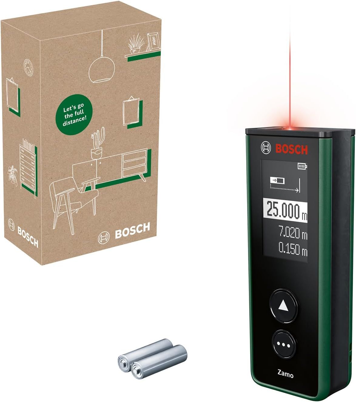 Bosch Laser Tape Measure Zamo 4th Generation (Easy and Accurate Measures Up to 25m, Rechargeable Batteries via USB-C Port, Possible Addition of Adaptors, in E-commerce Cardboard Box)