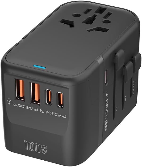 BKELHS 100W GaN Universal Travel Adapter, 5 USB (3 Type C) Charging Ports, International Power Adapter for Worldwide Use (US to Europe UK EU AU Type C/G/A/I Outlet)