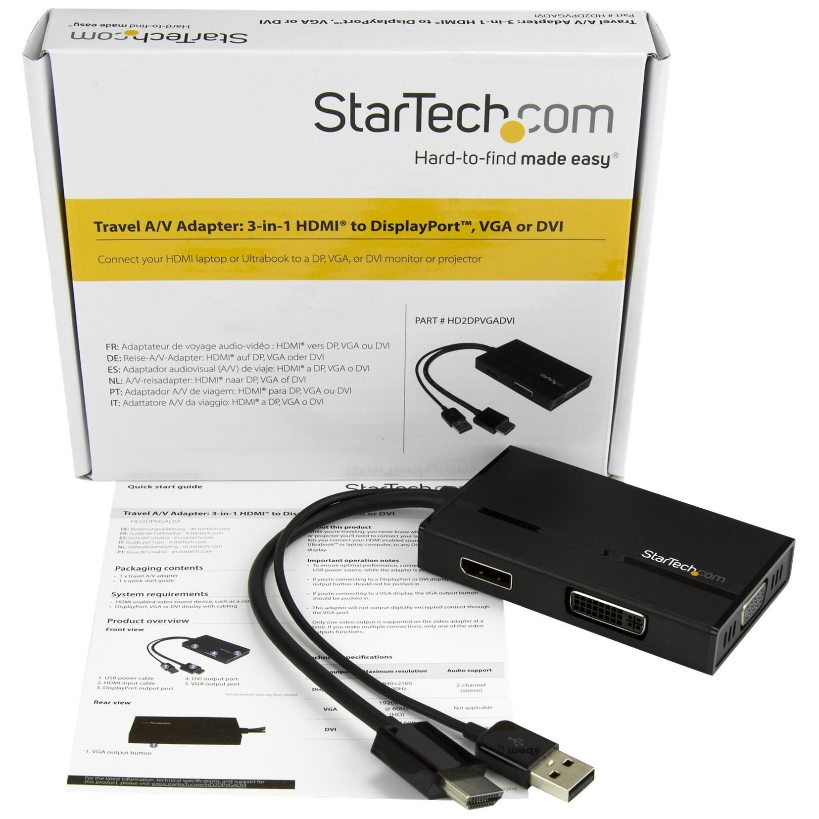 StarTech Adaptateur audio / vidéo de voyage - Convertisseur 3-en-1 HDMI vers DisplayPort VGA ou DVI - 1920x1200 - Noir - Convertisseur vidéo - HDMI - DVI, DisplayPort, VGA - pour P/N: DKT30CSDHPD3, SV211HDUC, SV221HUC4K