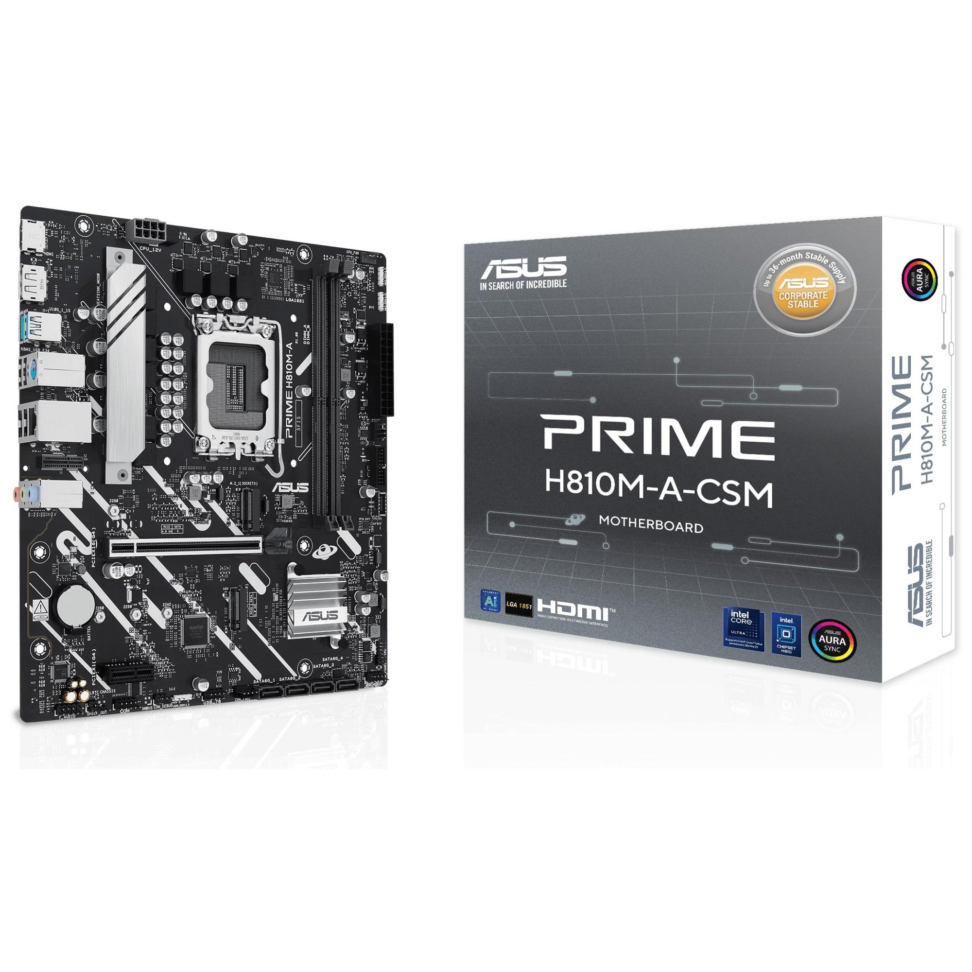 ASUS Prime H810M-A-CSM - Motherboard - Micro ATX - LGA1851 Socket - H810 Chipset - USB 3.2 Gen 1, 2, & 3 - Gigabit LAN - Built-in Graphics (CPU Required) - 8-Channel HD Audio