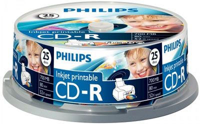 Philips CD-R Spindle - 25 Pack, 700MB (80 Min), 52x Speed, Printable by Inkjet