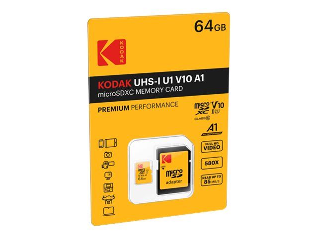 Kodak Flash Memory Card (MicroSDXC to SD Adapter Included) - 64GB - UHS Class 1/Class 10 - 580x - microSDXC UHS-I