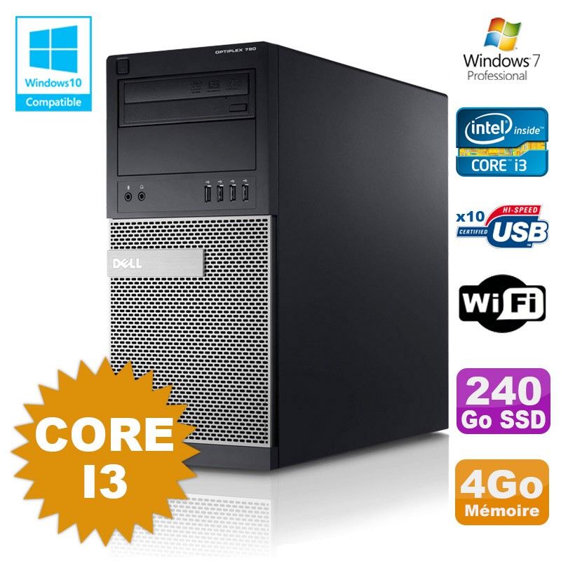 Tour Dell Optiplex 790 - Processeur Intel Core i3, 4 Go de RAM, 240 Go SSD, Lecteur DVD, WiFi, Windows 7