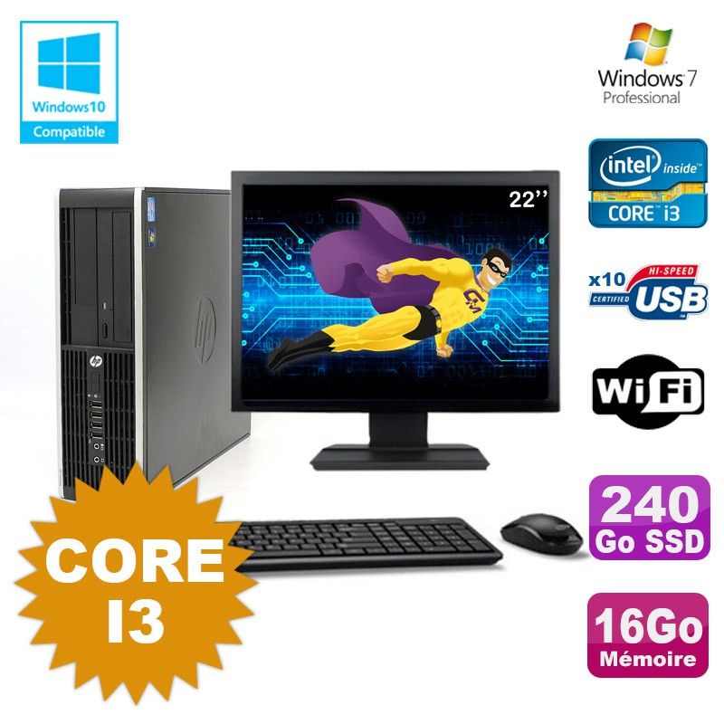 HP Compaq 6200 Pro SFF Desktop - Procesador Core i3, 16GB RAM, SSD de 240GB, DVD, WiFi, Windows 7 + Pantalla de 22"
