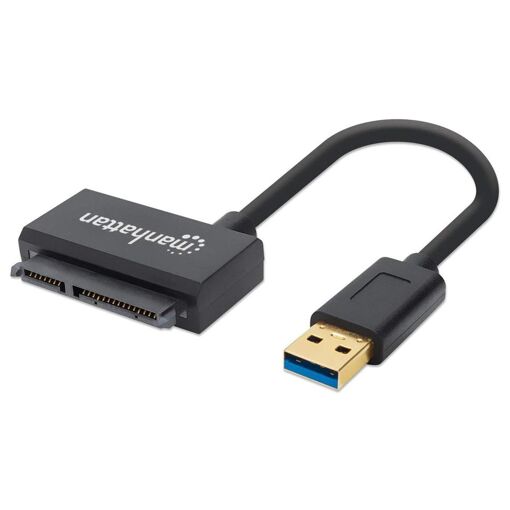 Adaptador Manhattan USB-A a SATA de 2,5'', 42 cm, macho a macho, 5 Gbit/s (USB 3.2 Gen1 / USB 3.0), soporte LBA de 48 bits, negro, garantía de 3 años