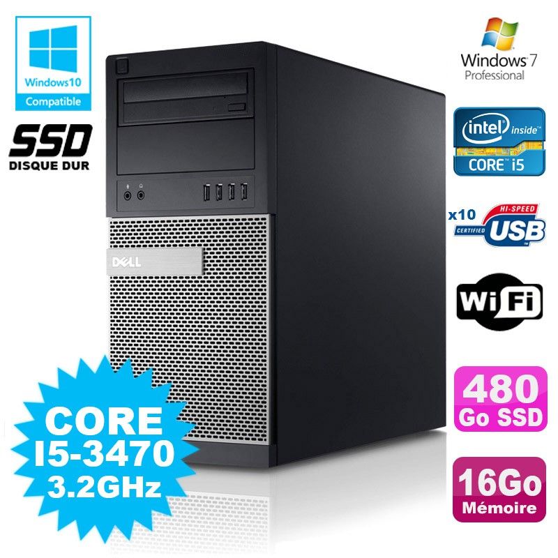 Dell Optiplex 790 Tower PC - Intel Core i5-3470, 16GB RAM, 480GB SSD, DVD Drive, WiFi, Windows 7