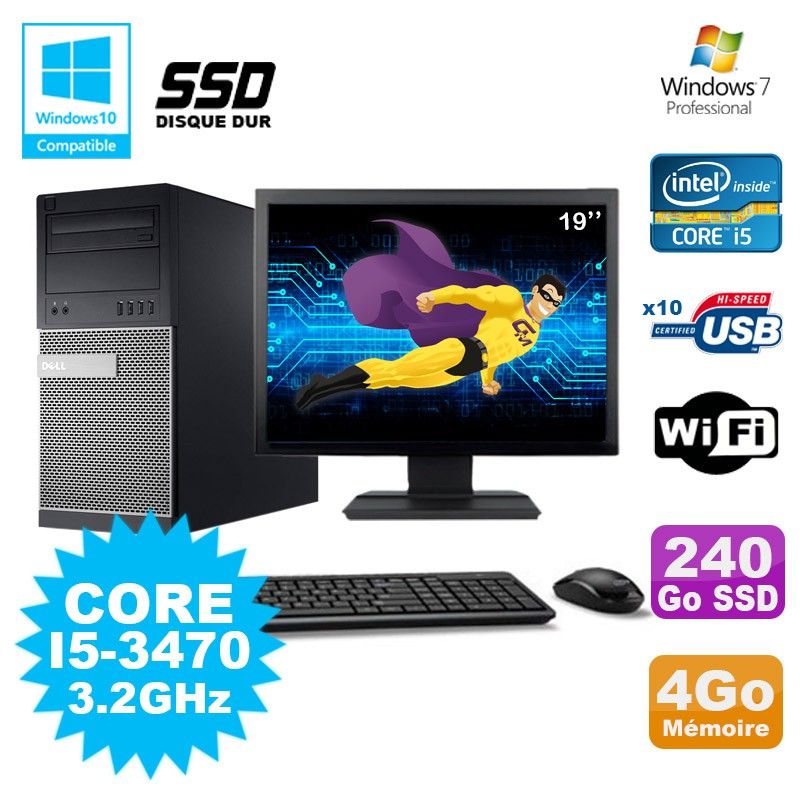 Dell Optiplex 790 Desktop PC - i5-3470, 4GB RAM, 240GB SSD, DVD, WiFi, Windows 7 + 19" Screen