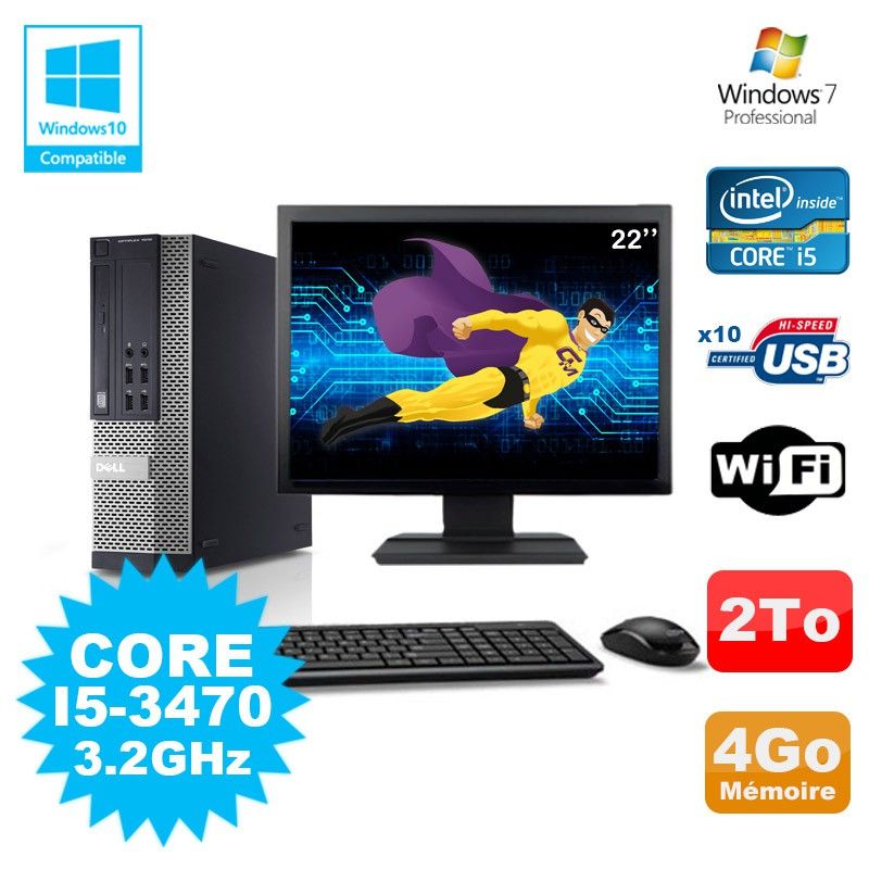 Ordinateur de bureau Dell Optiplex 790 SFF - Processeur Intel Core i5-3470, 4 Go de RAM, 2 To de SSD, WiFi, Windows 7 Professionnel + Écran 22"