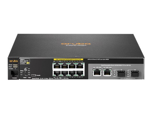 HP Aruba 2530-8 PoE+ Switch - Managed - 8 x 10/100 + 2 x Gigabit SFP + 2 x 10/100/1000 - Desk, Rack Mountable, Wall Mountable - PoE+