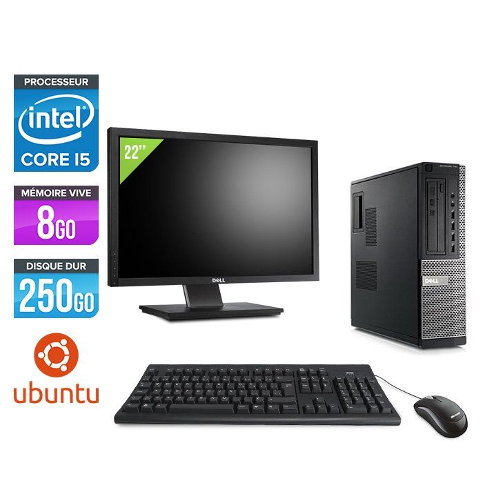 Ordinateur de bureau Dell Optiplex 790 + Écran 22' - Processeur Intel Core i5-2400 / 3,1 GHz - 8 Go de RAM - Disque dur 250 Go - Lecteur DVD - Ethernet Gigabit - Ubuntu/Linux