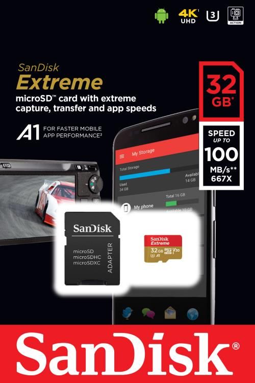 Tarjeta de memoria SanDisk Extreme PLUS - 32 GB MicroSDHC con adaptador (clase 10, V30 video, UHS-I U3)