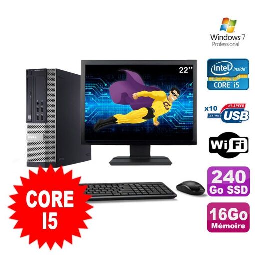 PC de escritorio Dell Optiplex 990 SFF - Procesador Intel Core i5, 16GB de RAM, 240GB SSD, Unidad de DVD, WiFi, Windows 7 Pro + Monitor de 22"
