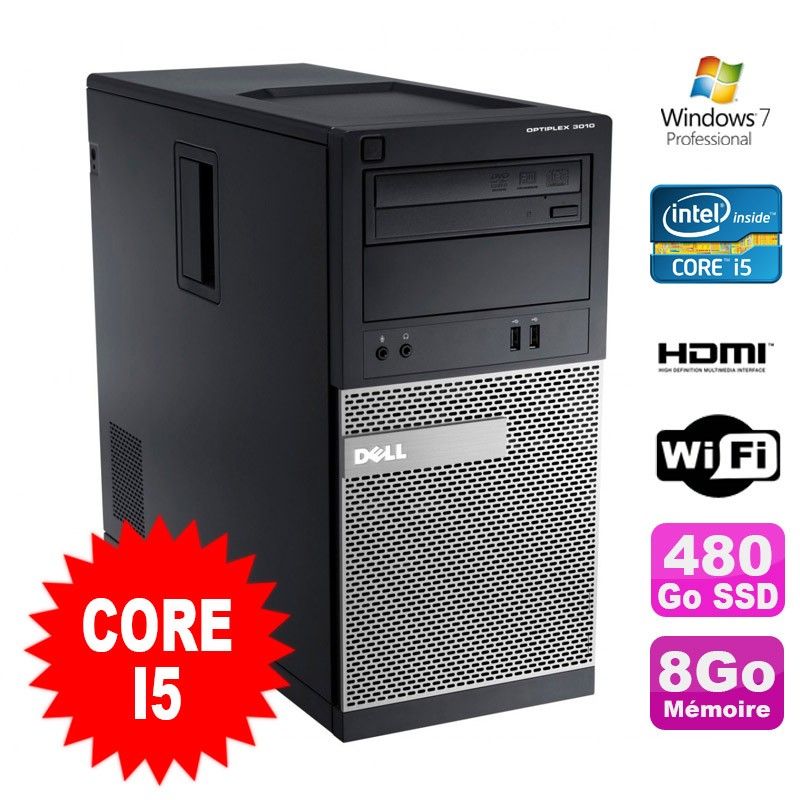 Dell Optiplex 3010 MT Desktop PC - Intel i5-2400, 8GB RAM, 480GB SSD, HDMI, WiFi, Windows 7 Pro