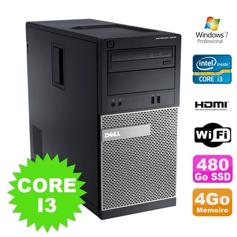 Dell Optiplex 3010 MT Desktop Computer - Intel i3-2120, 4GB RAM, 480GB SSD, DVD Burner, HDMI, WiFi, Windows 7