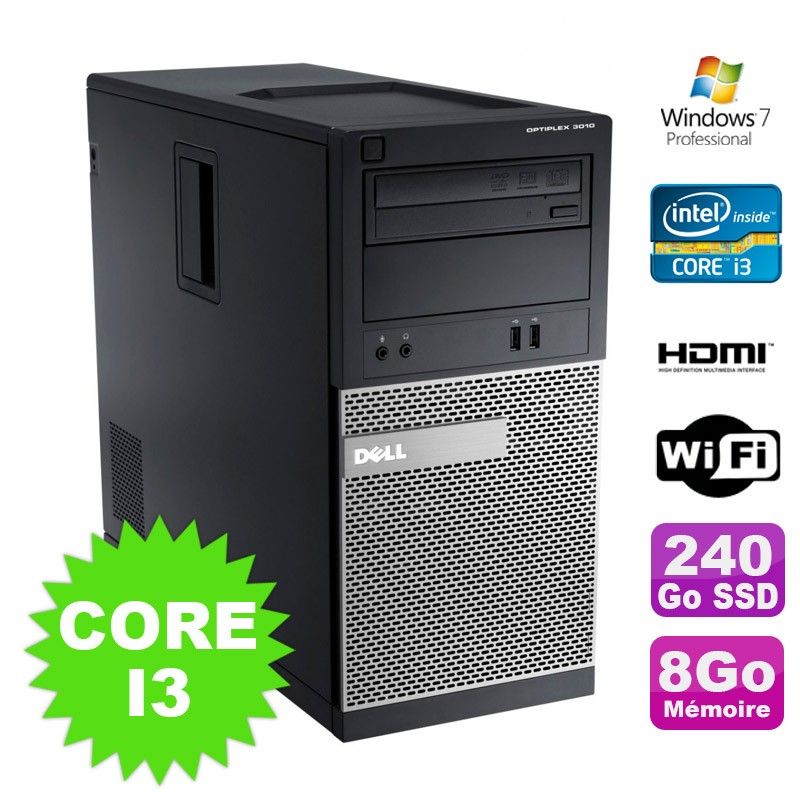 Dell Optiplex 3010 MT Desktop PC - Intel Core i3-2120, 8GB RAM, 240GB SSD, HDMI, Wi-Fi, Windows 7