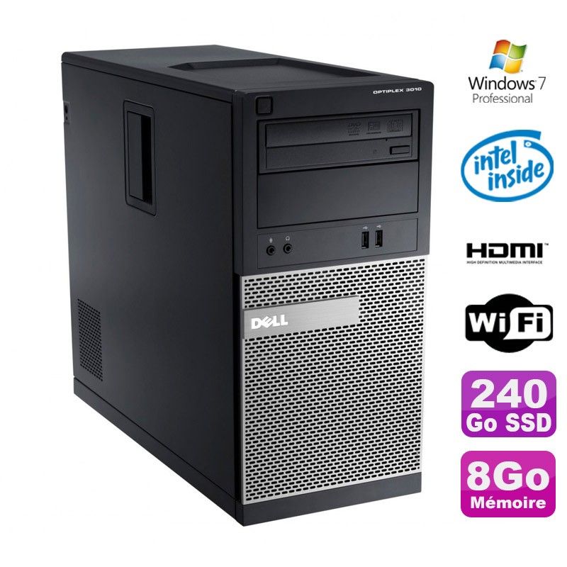 Dell Optiplex 3010 MT Desktop - Intel Pentium G2020, 8GB RAM, 240GB SSD, DVD Burner, WiFi, Windows 7 Pro