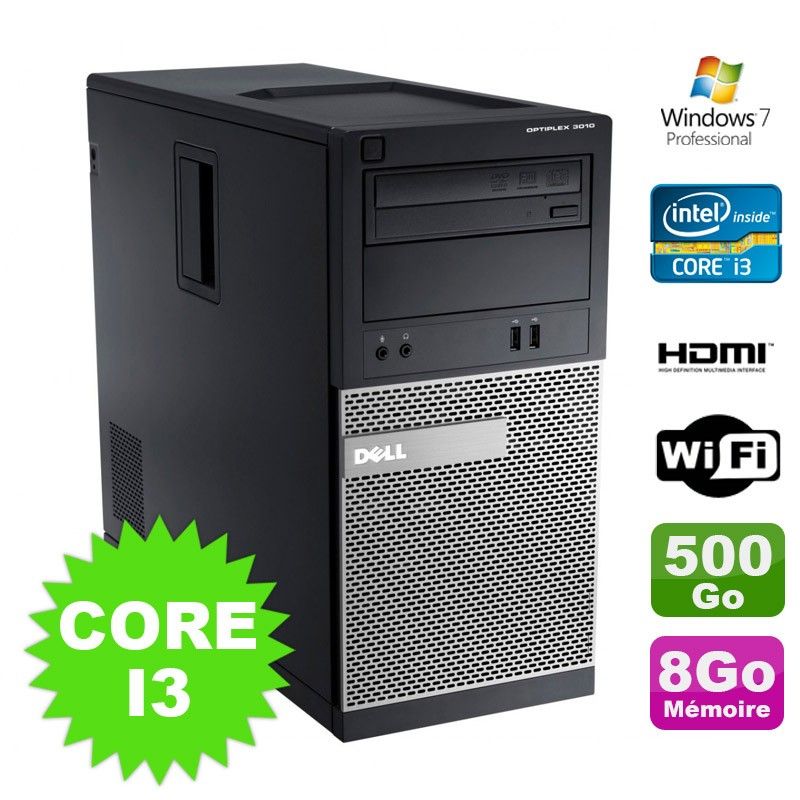 Dell Optiplex 3010 MT Desktop - Intel Core i3-2120, 8GB RAM, 500GB HDD, DVD Burner, HDMI, WiFi, Windows 7 Pro