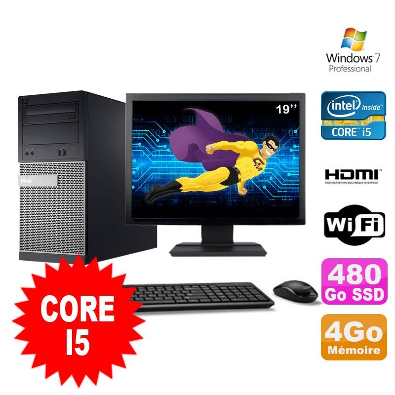 Dell PC Tower 3010 MT with Intel Core i5-2400, 4GB RAM, 480GB SSD, DVD Burner, HDMI, WiFi, Windows 7 Pro