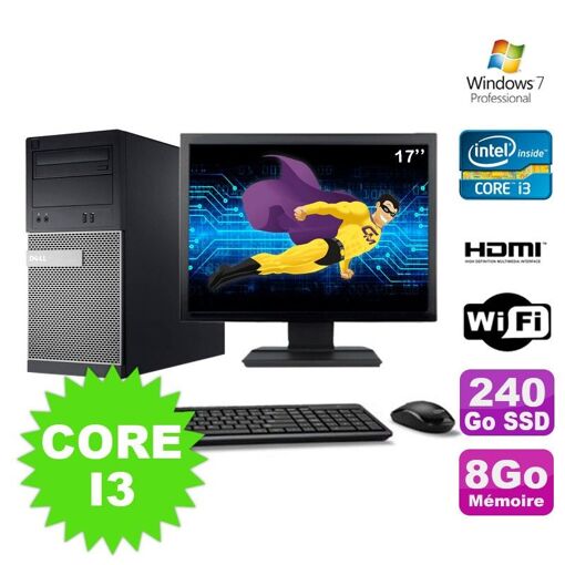 PC de escritorio Dell 3010 MT - Procesador Intel Core i3-2120, 8 GB de RAM, 240 GB SSD, Grabadora de DVD, HDMI, WiFi, Windows 7 Profesional