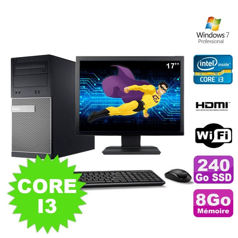 Dell 3010 MT Desktop PC - Intel Core i3-2120, 8GB RAM, 240GB SSD, DVD Burner, HDMI, WiFi, Windows 7 Pro