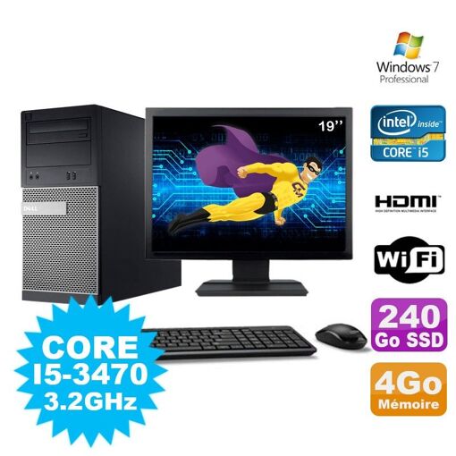 PC de escritorio Dell 3010 MT - Procesador Intel Core i5-3470, 4GB de RAM, SSD de 240GB, Grabadora de DVD, HDMI, WiFi, Windows 7