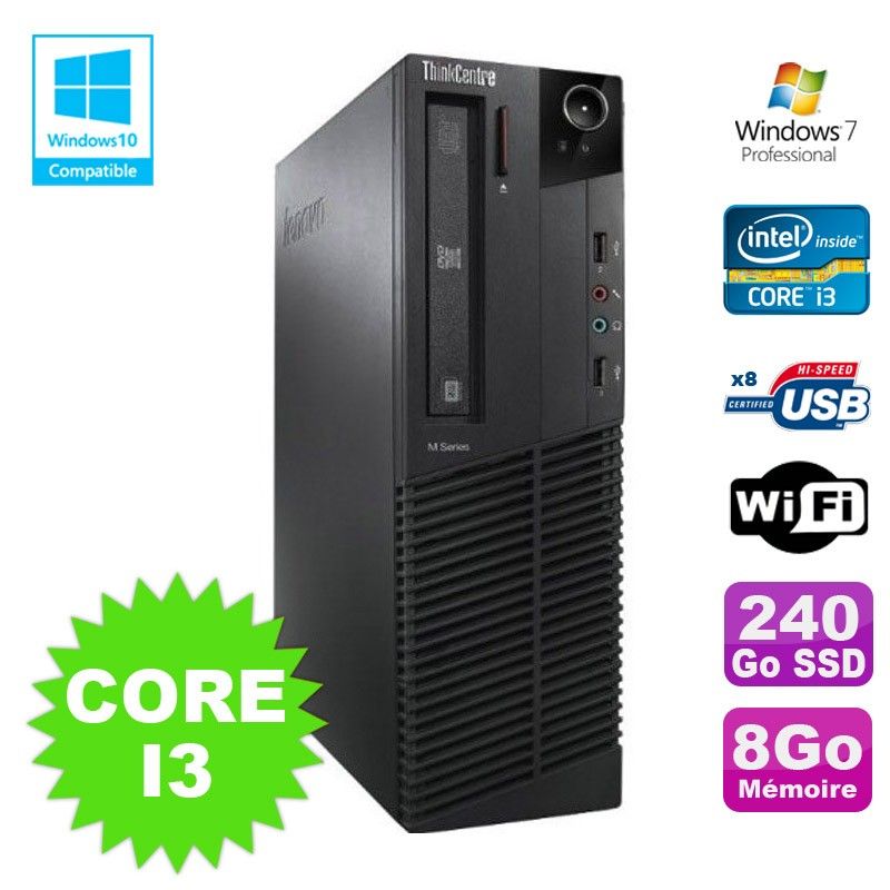 Lenovo M91p 7005 SFF Core i3 3.1GHz 8GB 240GB SSD WiFi DVD Burner Windows 7 Pro