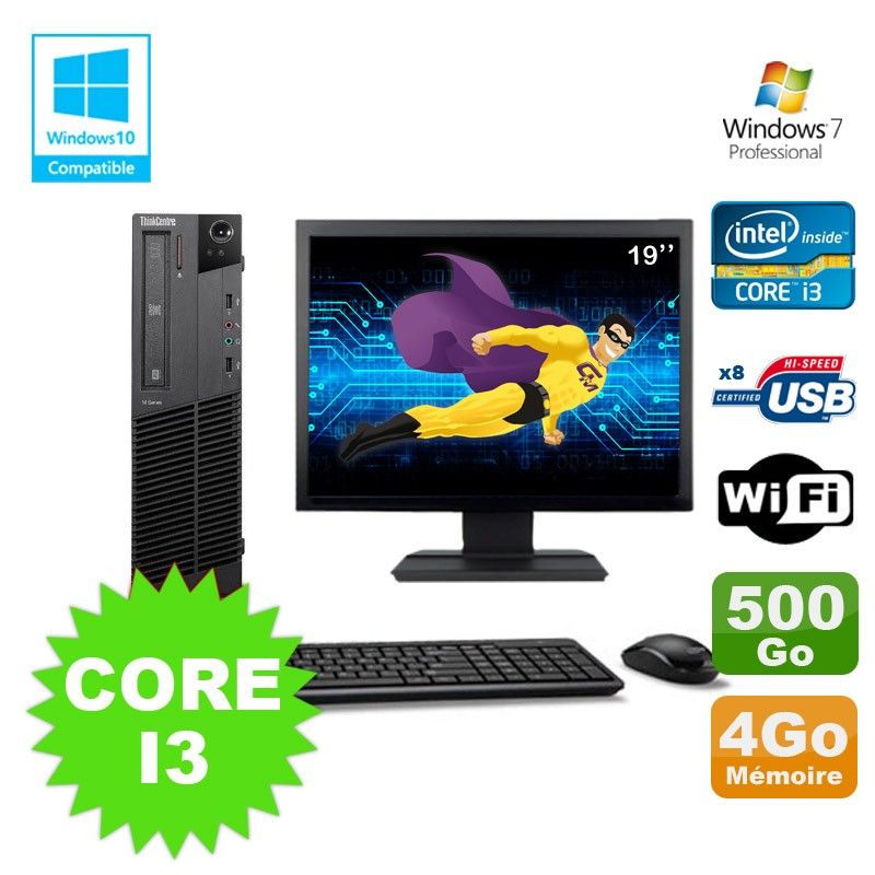 Lenovo M91p 7005 SFF Core i3 4GB 500GB Wifi DVD Burner Windows 7 Pro 19" Screen