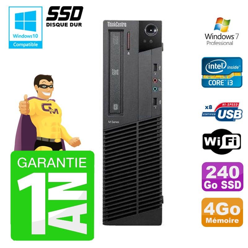 Lenovo M91p SFF Desktop Computer - Intel Core i3-2120, 4GB RAM, 240GB SSD, DVD Drive, WiFi, Windows 7 Pro