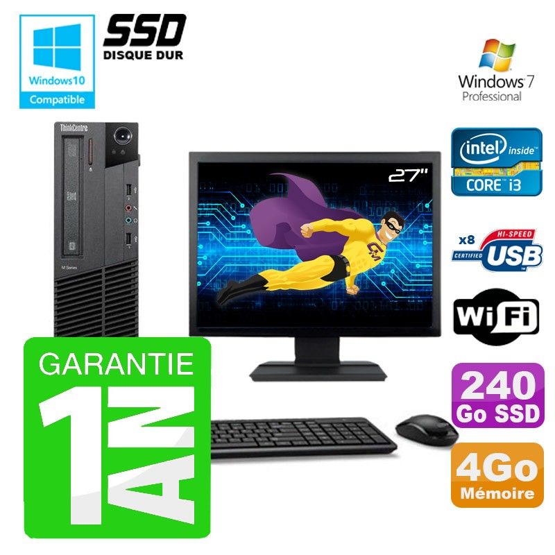 Lenovo M91p SFF Desktop PC - Intel Core i3-2120, 4GB RAM, 240GB SSD, DVD Burner, Wi-Fi, Windows 7 Pro