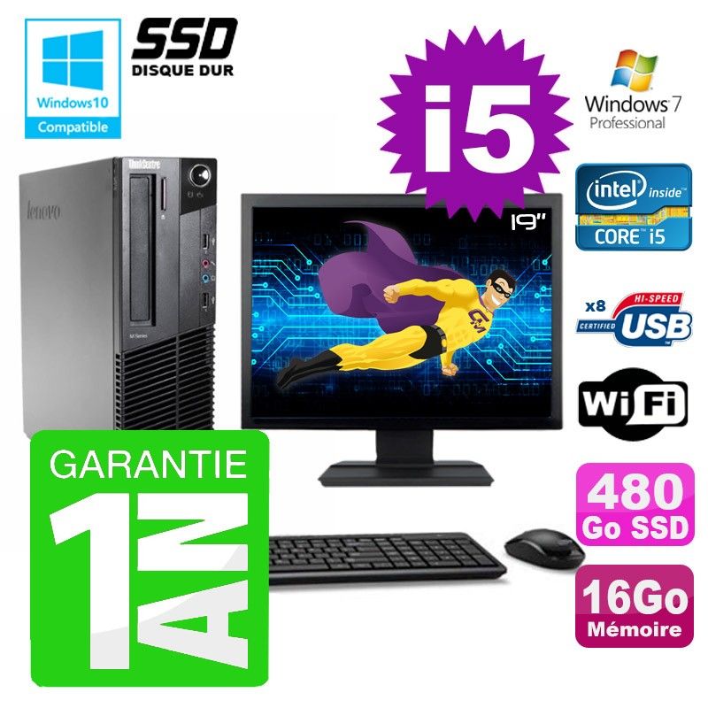 Lenovo M91p SFF Desktop - Intel Core i5-2400, 16GB RAM, 480GB SSD, DVD Burner, WiFi, Windows 7 Pro