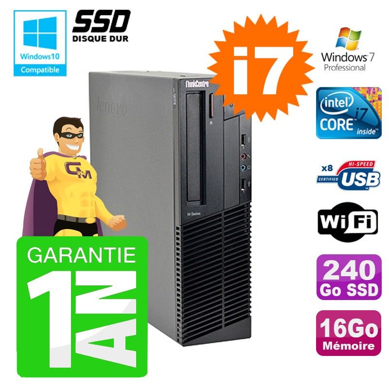 Lenovo M91p SFF Desktop PC - Intel Core i7-2600, 16GB RAM, 240GB SSD, DVD Burner, WiFi, Windows 7 Pro