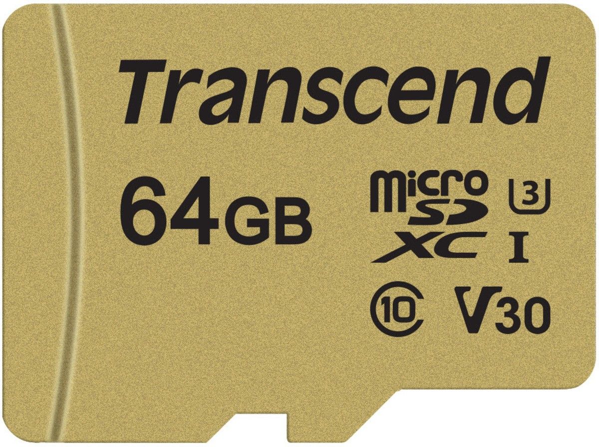 Transcend 500S - MicroSDXC Memory Card with SD Adapter (64GB, V30/UHS-I U3/Class10)