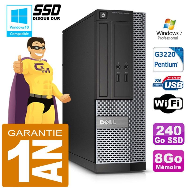 Dell 3020 SFF Desktop PC - Intel Pentium G3220, 8GB RAM, 240GB SSD, DVD Drive, WiFi, Windows 7 Pro