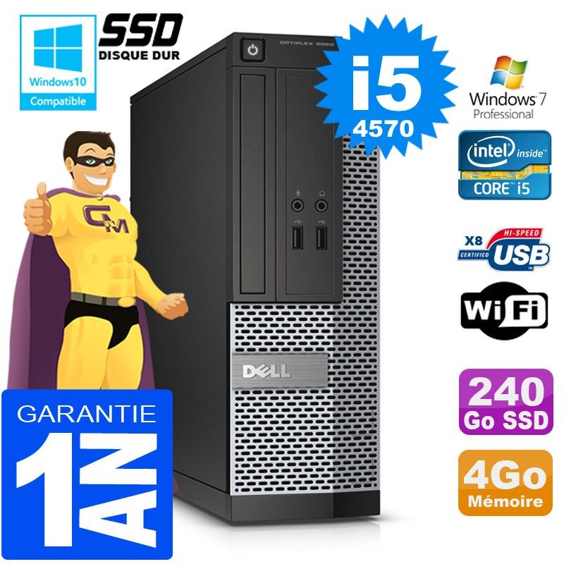 Dell 3020 SFF PC - Core i5, 4GB RAM, 240GB SSD, DVD Burner, WiFi, Windows 7 Pro