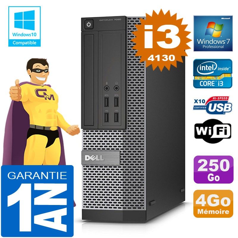Dell 7020 SFF Desktop PC - Core i3-4130, 4GB RAM, 250GB HDD, DVD Burner, WiFi, Windows 7 Pro