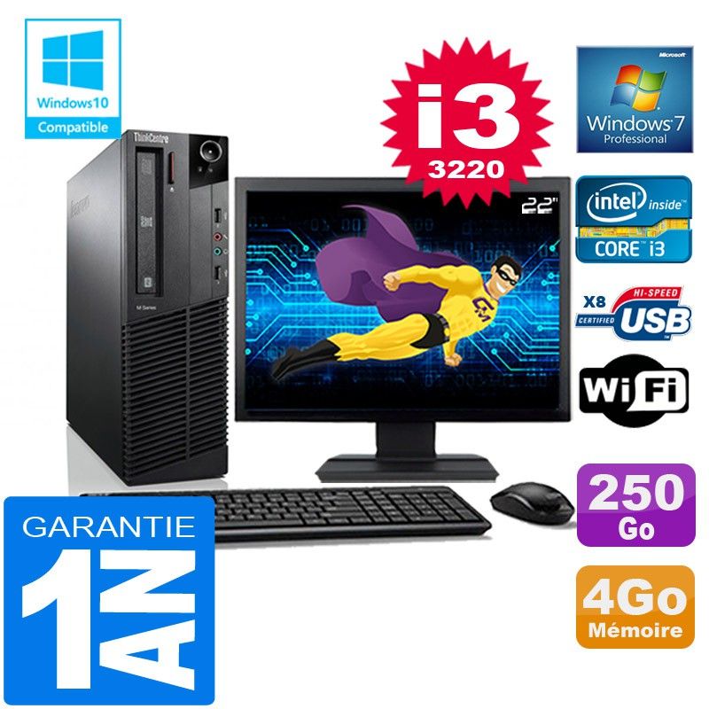 Lenovo M92p SFF Core i3-3220 4GB RAM 250GB SSD WiFi Windows 7 Pro 22" Screen