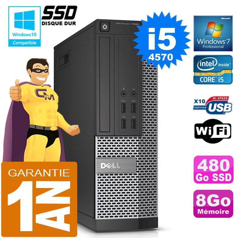 Dell 7020 SFF Desktop PC - Core i5-4570, 8GB RAM, 480GB SSD, DVD Burner, WiFi, Windows 7 Pro