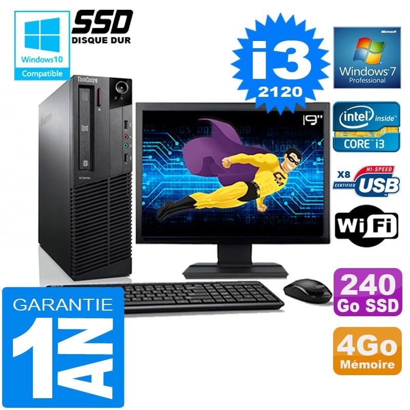 Lenovo M92p SFF Core i3-2120 4GB RAM 240GB SSD Wi-Fi Windows 7 19" Screen