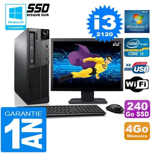 Lenovo M92p SFF con procesador Core i3-2120, 4GB de RAM, 240GB SSD, WiFi, Windows 7 Pro, pantalla de 22'