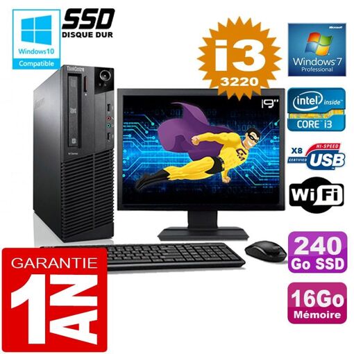 Lenovo M92p SFF Core i3-3220 16GB RAM 240GB SSD WiFi Windows 7 19" Screen