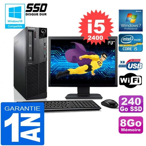 Lenovo M92p SFF Core i5-2400 8GB RAM 240GB SSD WiFi Windows 7 Screen 19
