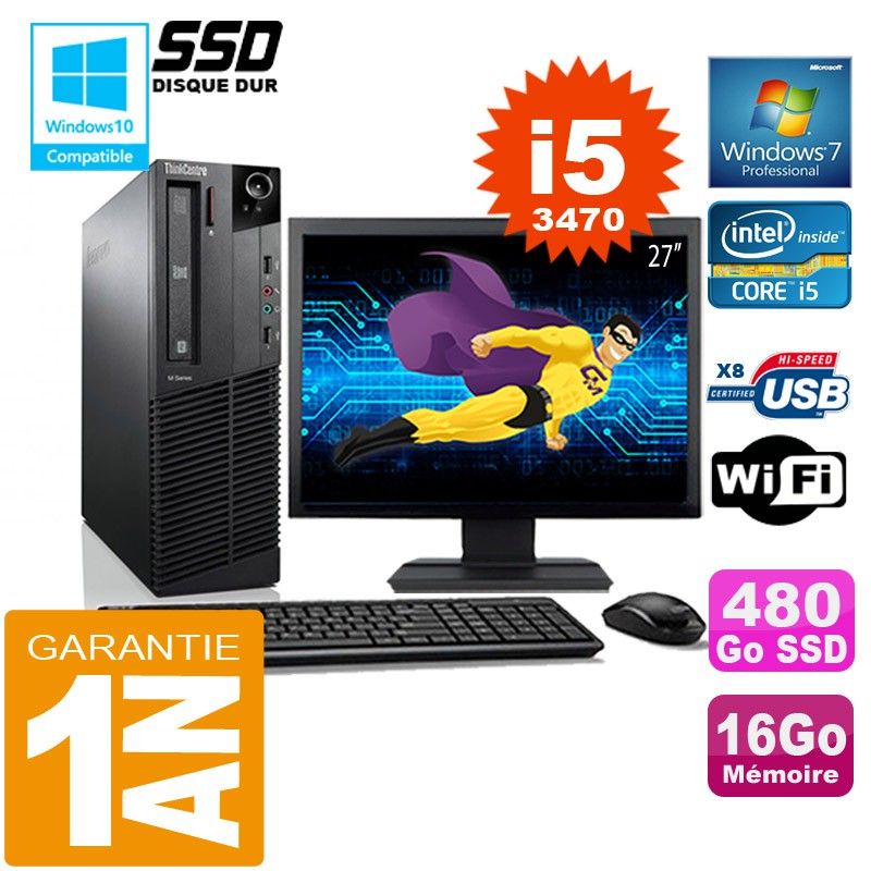 Lenovo M92p SFF Core i5-3470 16GB 480GB SSD WiFi Windows 7 Pro 27" Monitor