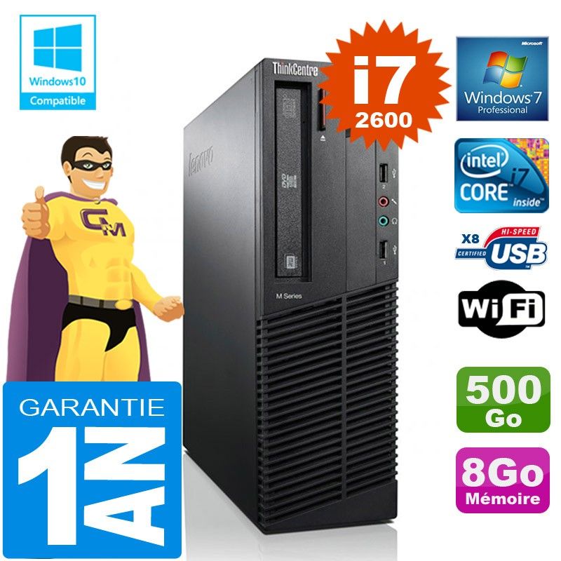 ThinkCentre Lenovo M92p SFF - Intel Core i7-2600 - 8 Go de RAM - Disque dur 500 Go - Lecteur optique DVD - Wi-Fi - Windows 7 Professionnel