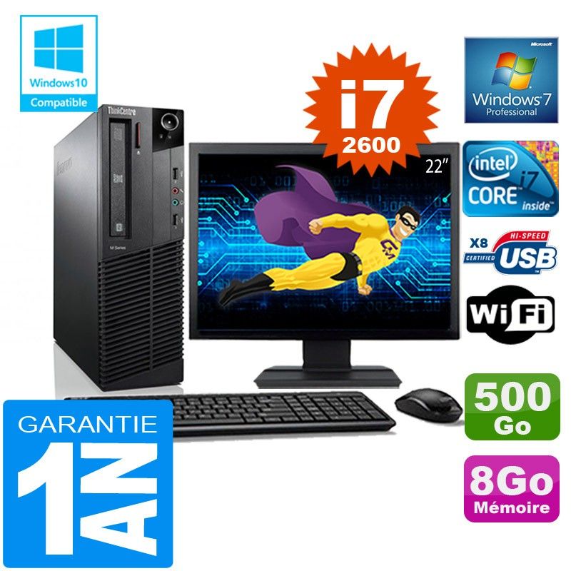 Lenovo M92p SFF Intel Core i7-2600 8GB RAM 500GB SSD WiFi Windows 7 Pro Pantalla de 22"