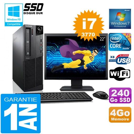 PC todo en uno Lenovo M92p SFF con Intel Core i7-3770, 4GB RAM, 240GB SSD, WiFi, Windows 7 Pro y pantalla de 22'