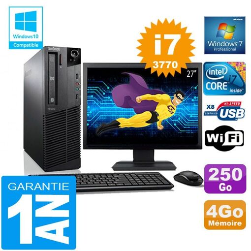 Portátil Lenovo M92p SFF con procesador Intel Core i7-3770, 4GB RAM, disco duro SSD de 250GB, WiFi, Windows 7 Pro y pantalla de 27 pulgadas
