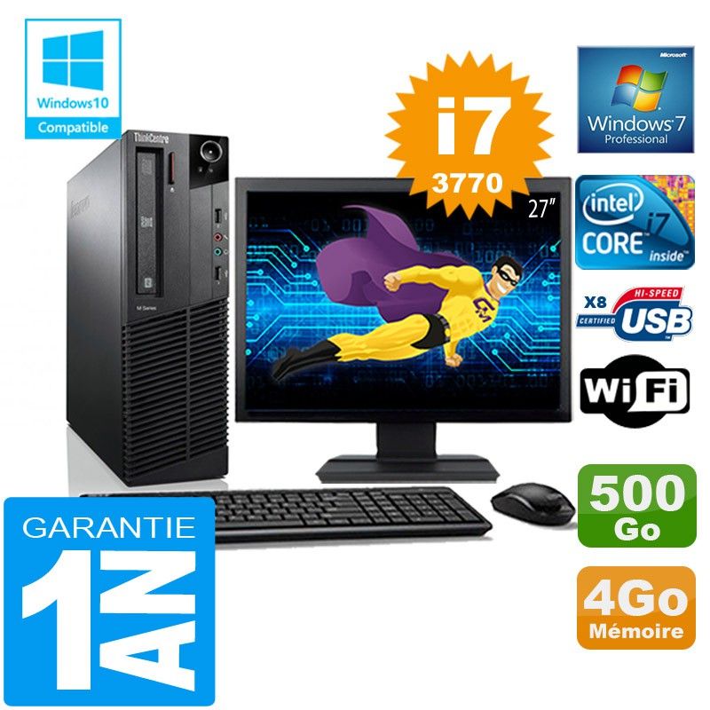 Lenovo M92p SFF Core i7-3770 4GB RAM 500GB SSD WiFi Windows 7 Pro 27" Screen All-in-One PC