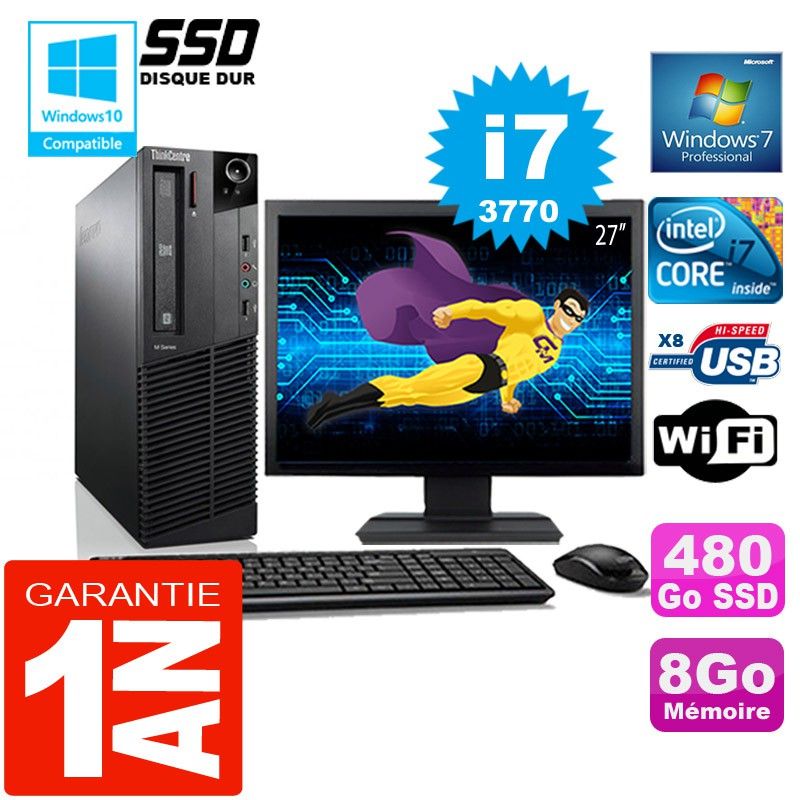 Lenovo M92p SFF Core i7-3770 8GB RAM 480GB SSD Wifi Windows 7 27" Screen All-in-One Computer